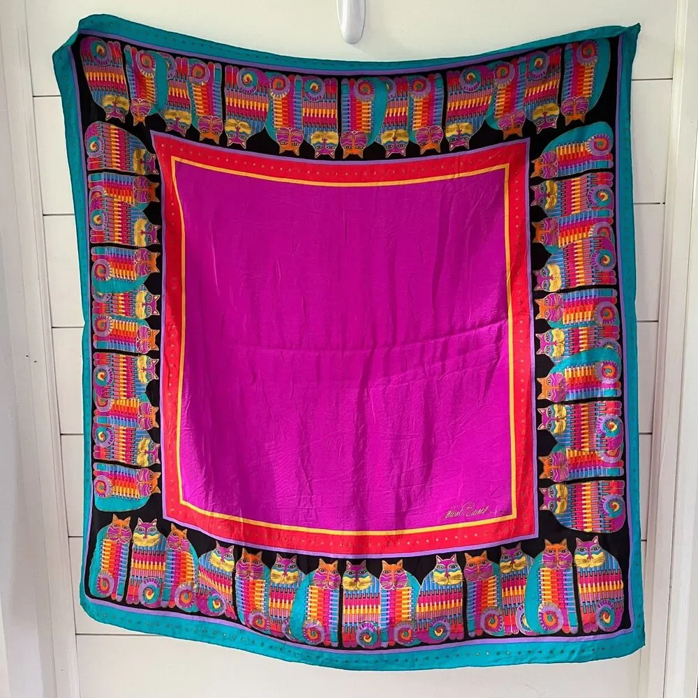 Vibrant Pink Cat Print Silk-Feel Scarf